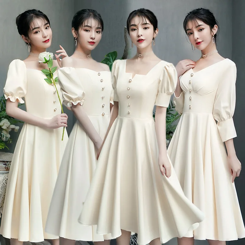 

Beauty Emily Charming Champagne Boat Neck Satin Bridesmaid Dress Sexy Short Sleeve Button Simple Wedding Party Dresses