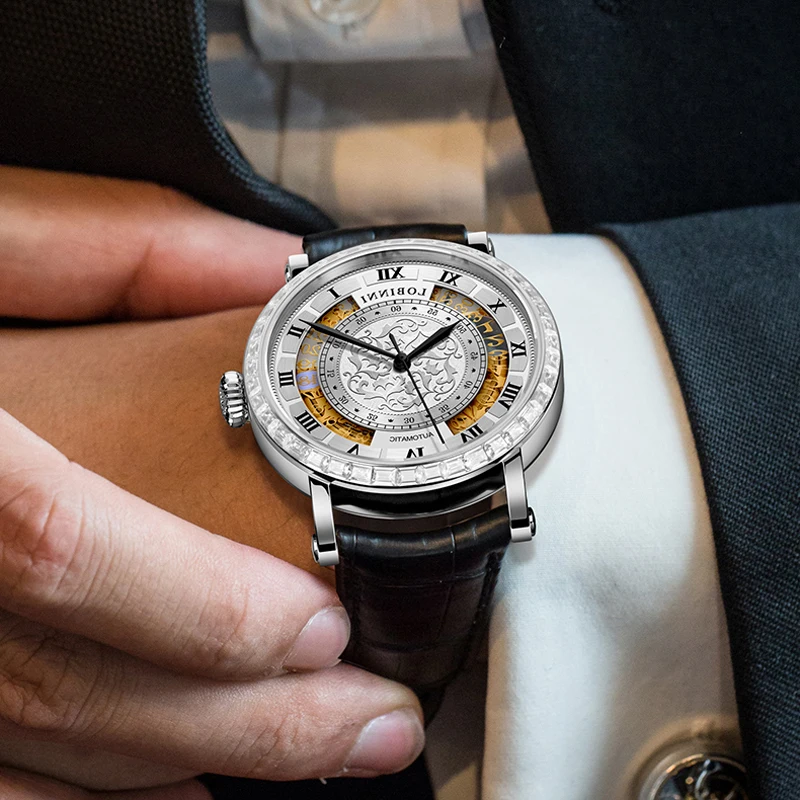 LOBINNI Orologio meccanico da uomo di marca di lusso Calendario Orologio da polso maschile impermeabile Cinturino in pelle Orologio automatico in vetro zaffiro
