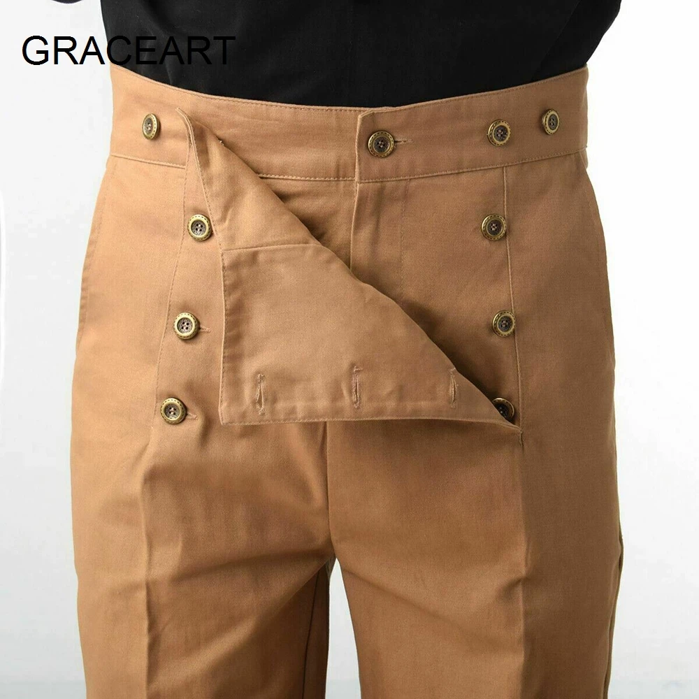 Historical Victorian Men High Waist Regency Fall Front Trousers Medieval Pants