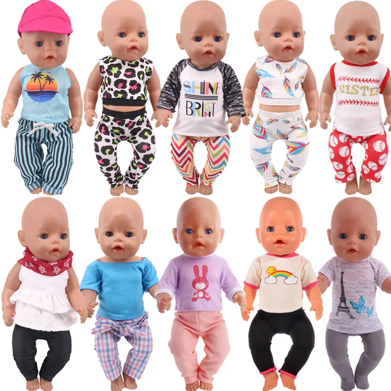 Pakaian Boneka 2 Buah/Set Atasan + Celana Dress Fit 18 Inch Amerika & 43CM Reborn Bayi Baru Lahir Boneka, gadis Rusia Boneka Hadiah DIY Mainan