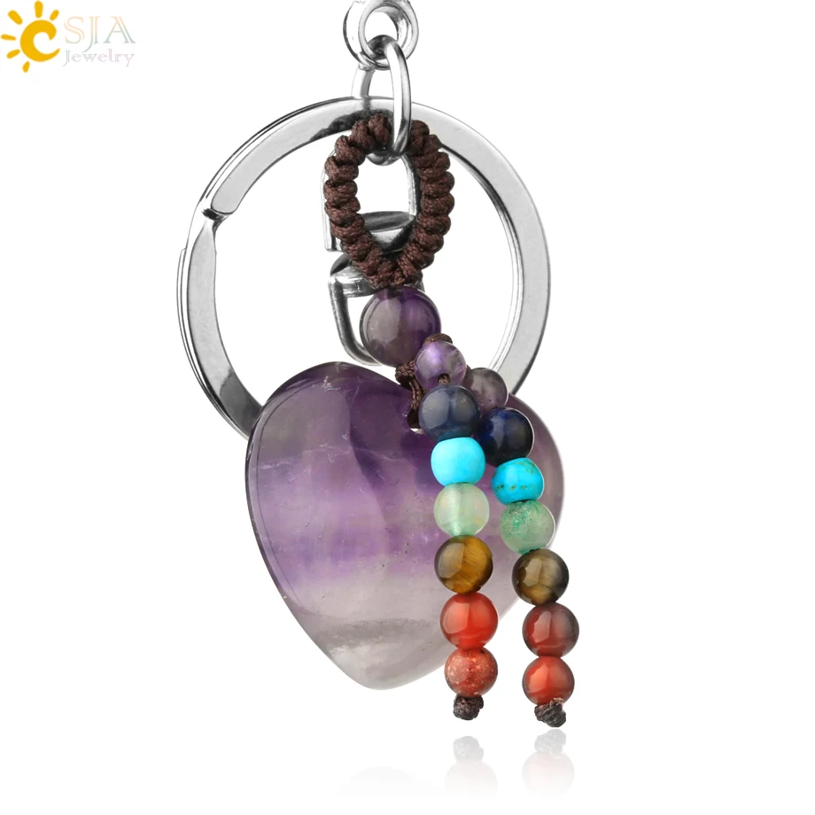 CSJA Heart Natural Crystal Keychains 7 Chakra Healing Stone Pink Quartz Tiger Eye Keyring Silver Color Car Key Holder Decor G554