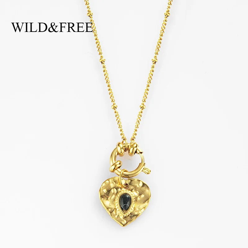 Women Lovely Heart Pendant Necklace Vintage Stainless Steel Gold Plated Beads Chain Circle Charms Natural Stone Necklaces