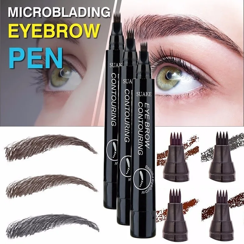 4 Colors Eyebrow Pen Waterproof 4 Fork Tip Eyebrow Tattoo Pencil Long Lasting Natural Dark Brown Liquid Eye Brow Pencil