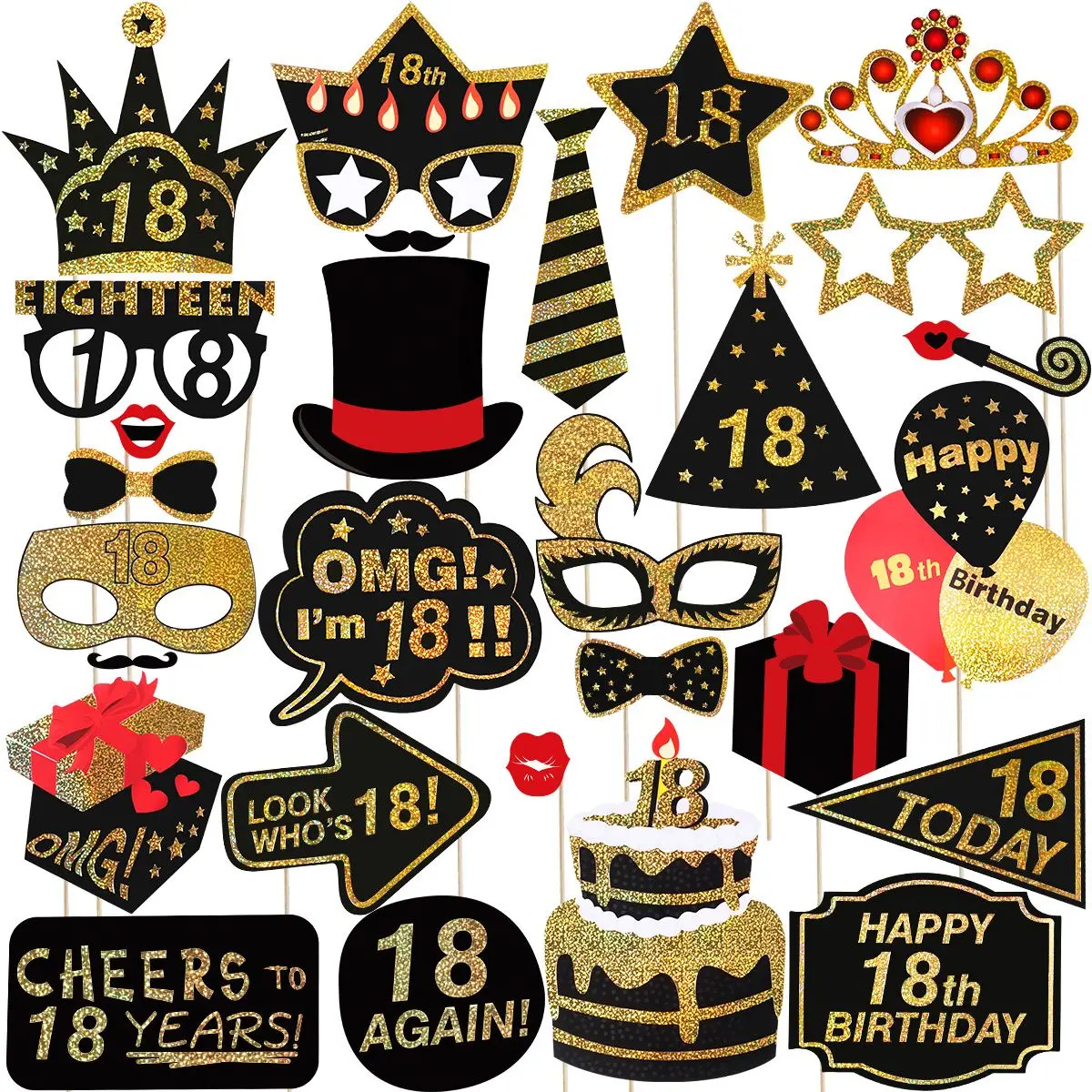 Tinksky 29 Pcs Glitter 18th Photo Photo Gifts Photo Booth Props Party Accessories for Birthday Party Decoration Favors Supplies