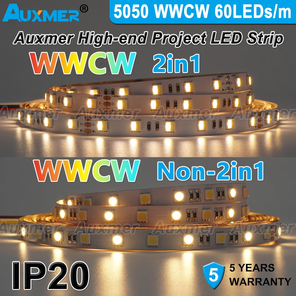 5050  2in1 Tunable White LED Strip Lights 60LEDs/m 14.4W/m,CRI90/95+ IP20 12/24V WWCW CCT Adjustable Led Tape Lights for Bedroom