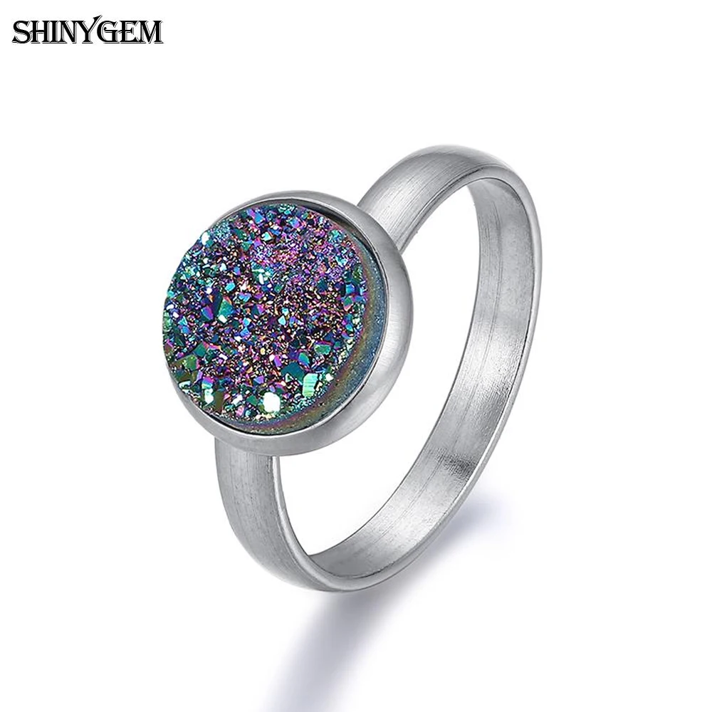

ShinyGem Sparkling Druzy Stone Rings Adjustable Stainless Steel Open Rings Contracted style Round Crystal Stone Rings For Women