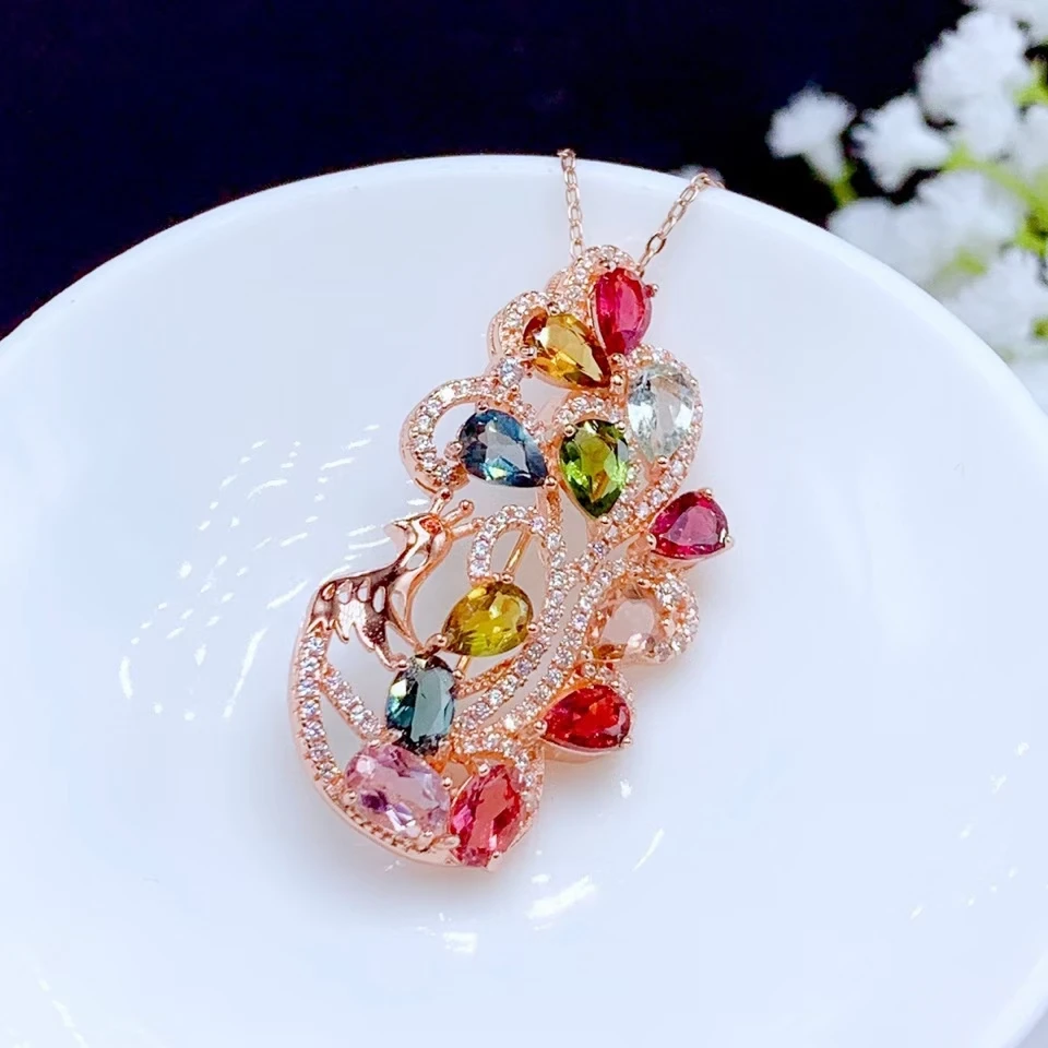 KJJEAXCMY fine jewelry 925 Sterling Silver inlaid natural Tourmaline trendy two wear peacock girl Pendant Necklace support test