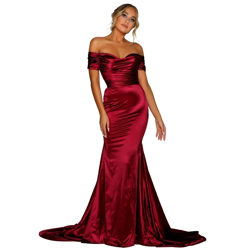 

Sexy Off Shoulder Mermaid Satin Evening Dress 2024 Burgundy Champagne Abiye Prom Party Gown Plus Size Vestido Longo Festa