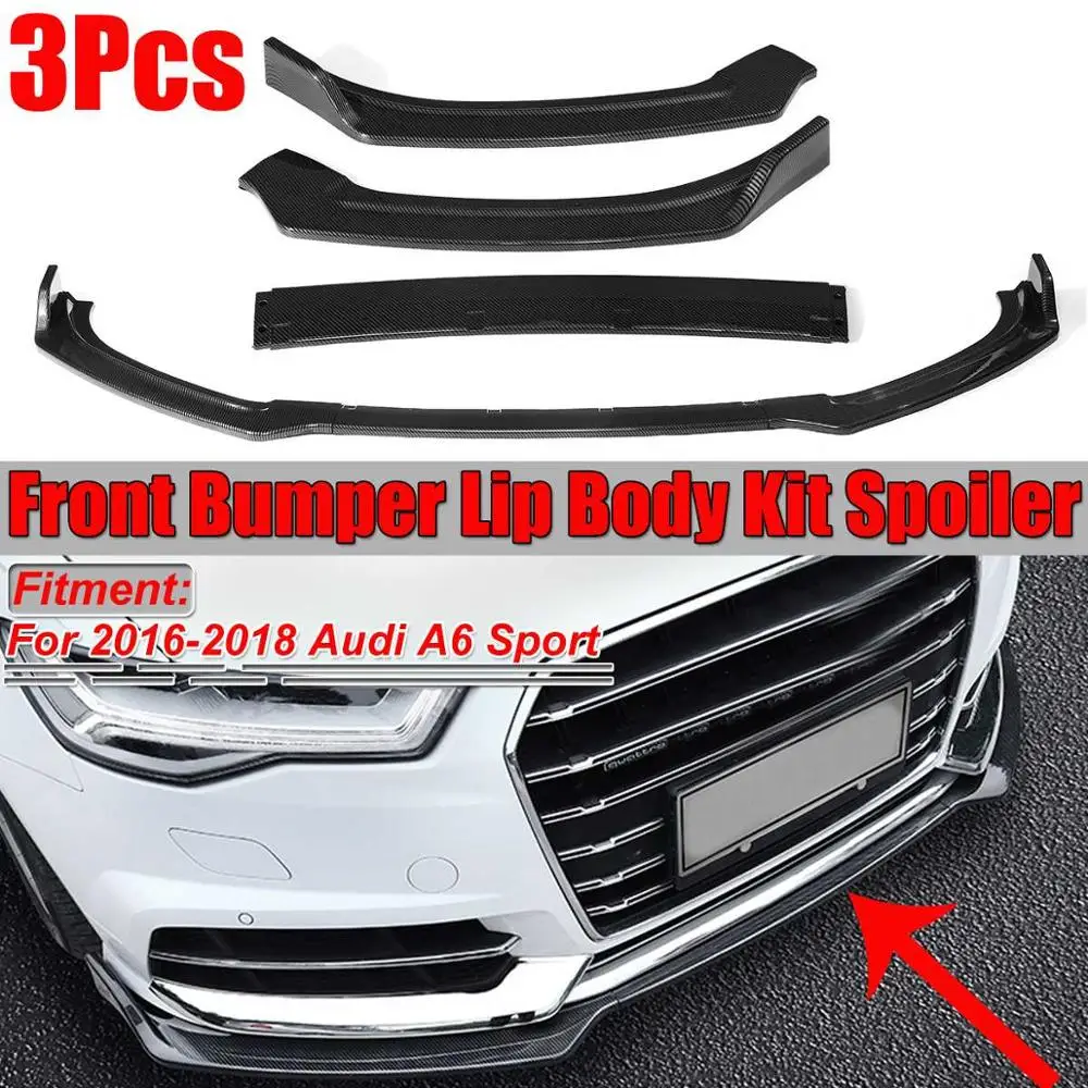 

For Audi A6 C7.5 Sport Carbon Fiber Look / Gloss Black 3Pcs Car Front Bumper Lip Diffuser Spoiler Splitter Cover Trim 2016-2018