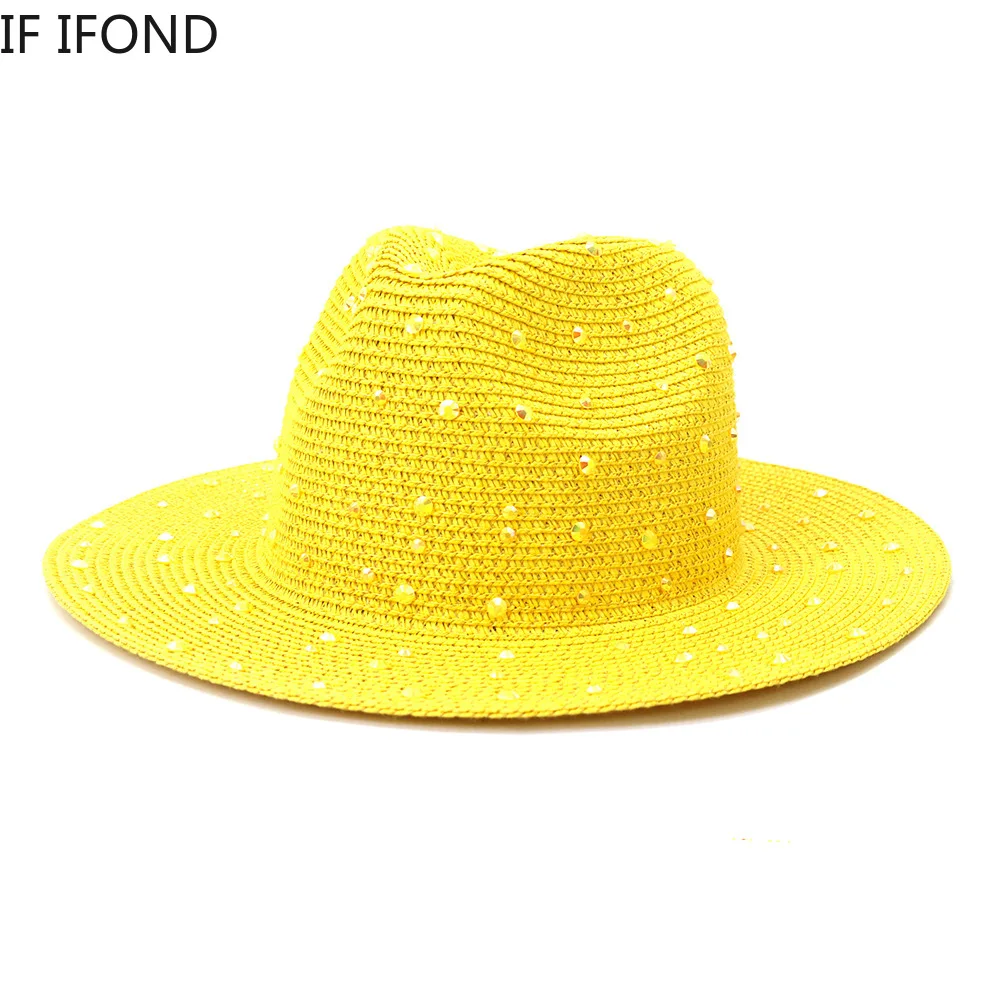 Hand made Diamond Straw Hat For Women\'s Summer Wide side Jazz Dress Cap Holiday Sun Protection Beach Hats