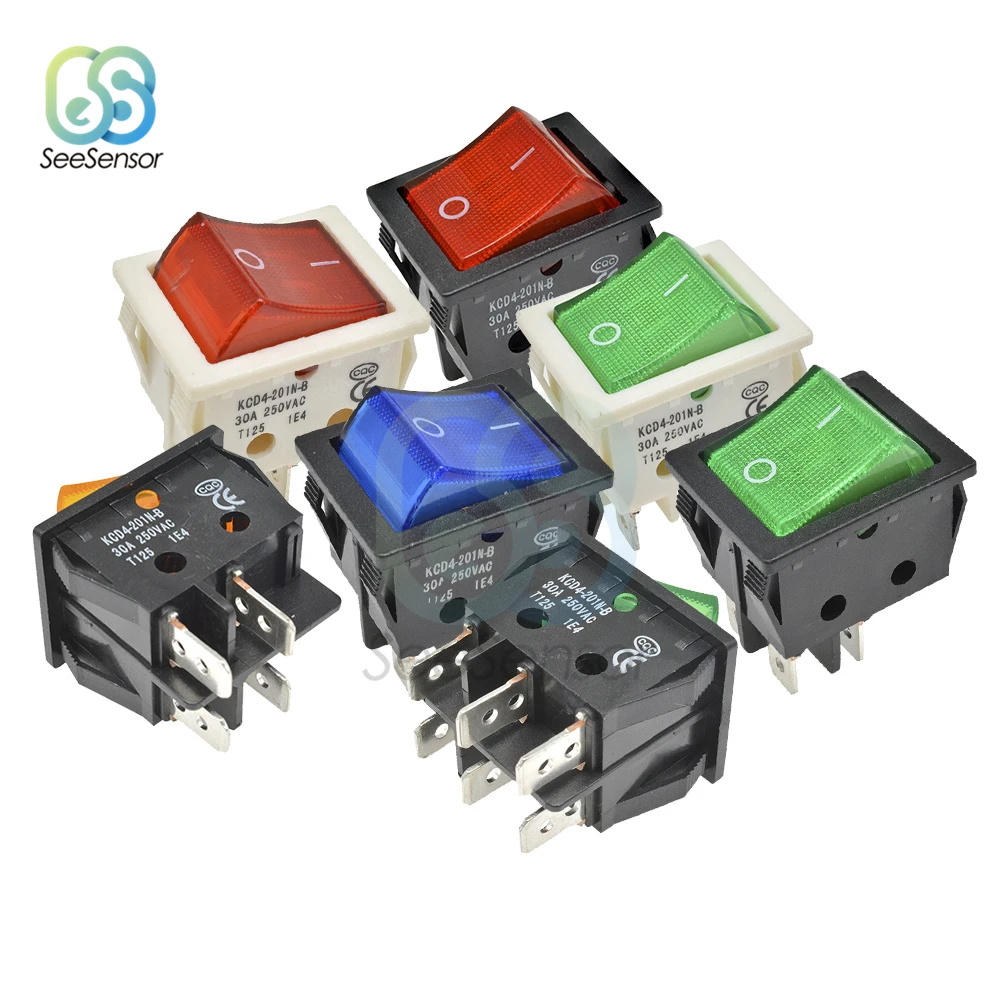 5PCS KCD4 Rocker Switch Power Switch ON-OFF 2 Position 4 Pins / 6 Pins Electrical Equipment With Light 30A 250VAC