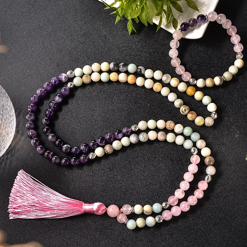 

8mm Natural Amethyst Rose Quartz Amazonite Beaded Necklace Meditation Yoga Rosary Bracelet Set 108 Mala Women's Fashion Jewelry