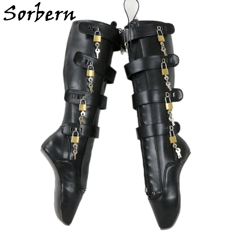 

Sorbern Sexy Heelless Ballet Boots Knee High Women Lockable Zipper Front Lace Up Inside 8 Locks Heelless Boots