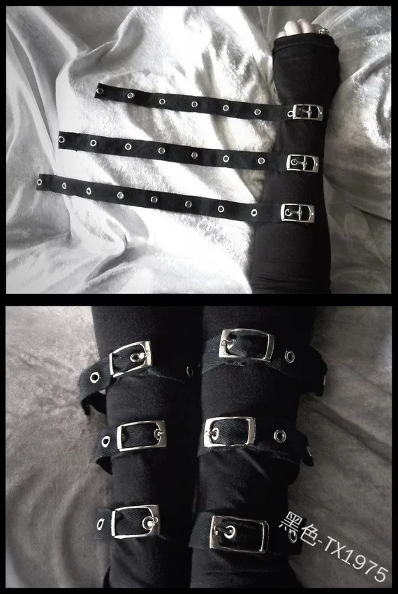 Steampunk Unisex Buckled Up Bondage Arm Warmers With Metal Buckle Straps Women\'s Black Gothic Style Fingerless Gloves