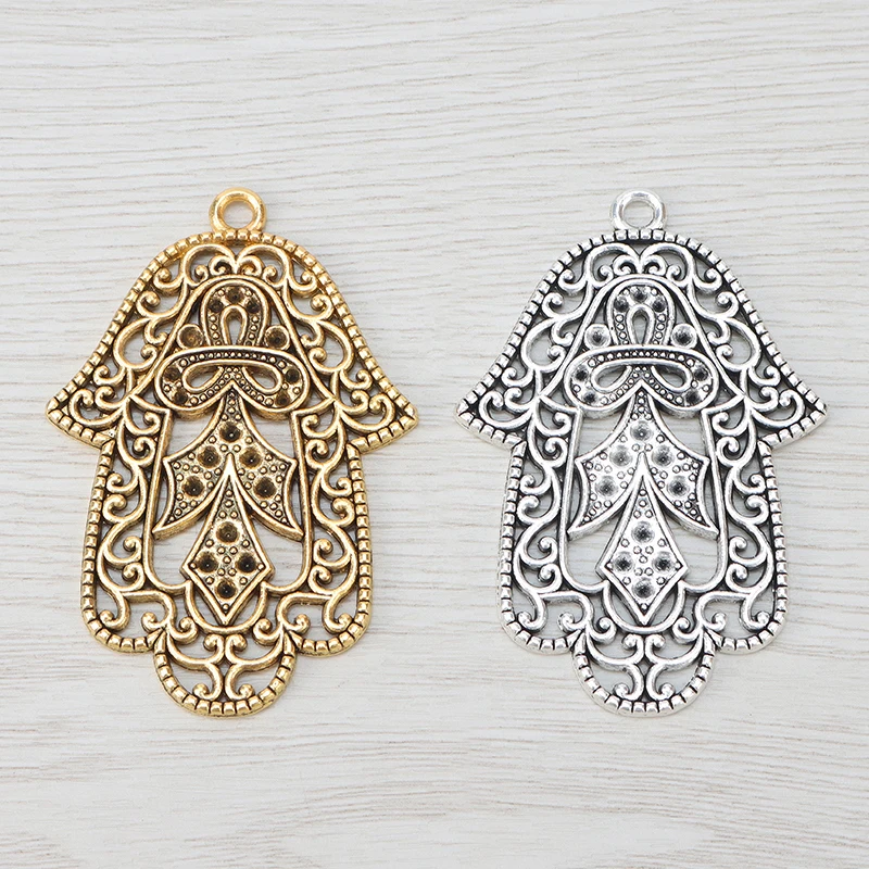 2 x Tibetan Silver/Gold Color Large Hamsa Hand Charms Pendants for DIY Necklace Jewelry Making Findings Accessories 65x45mm