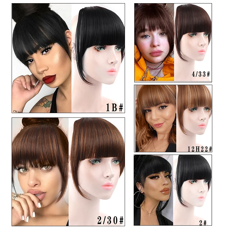 ลู่ผู่ผู้หญิงสังเคราะห์ผมสั้นตรง Blunt Bangs ธรรมชาติปลอมผมคลิปใน Hairpieces สำหรับทนความร้อนสีดำเส้นใย