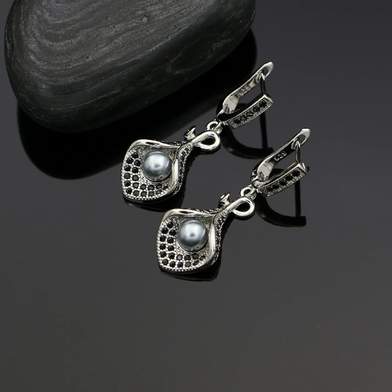 925 Silver Bridal Jewelry Sets Grey Pearl Beads Black CZ For Women Earrings Pendant Necklace Bracelet Open Ring
