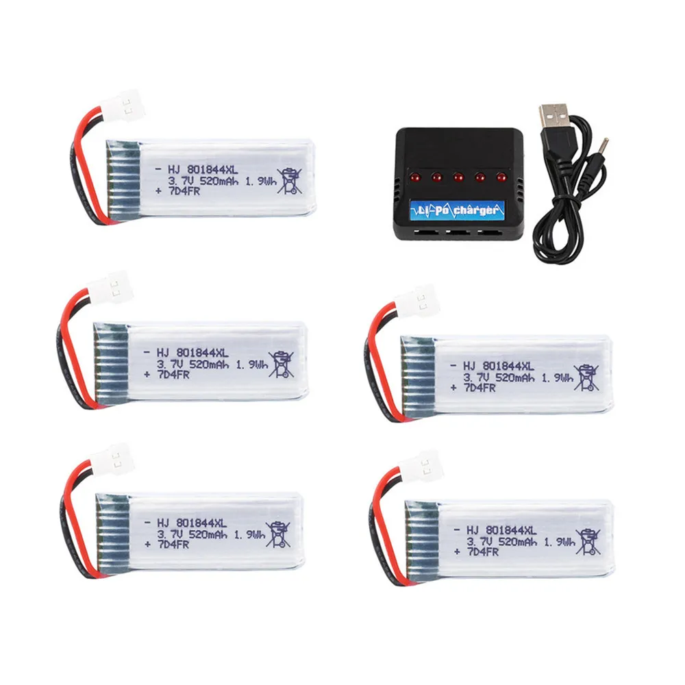 801844 3.7V 520mAh 25c Lipo Battery and 5 in 1 Charger for H107P RC Camera Drone Accessories 3.7v battery 1pcs to 5pcs