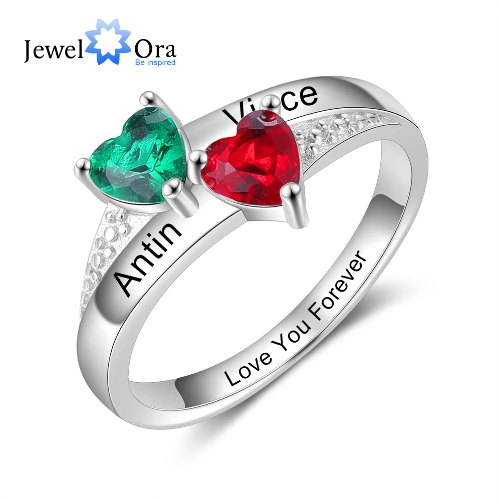 JewelOra Customized Mother Rings with 2 Heart Birthstones Personalized Gift Silver Color Copper Engraved Name Rings for Women