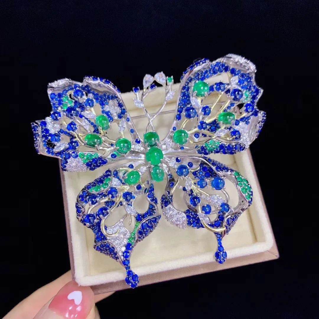 

big butterfly brooch insect 925 sterling silver with cubic zircon blue green color mixed fine women jewelry free shipping