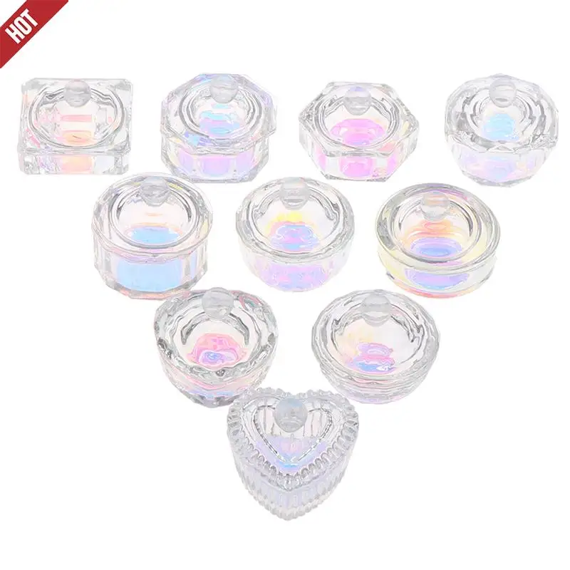 1Pcs Rainbow Crystal Clear อะคริลิคจาน Tappen จานแก้วถ้วยพร้อมฝาปิดสำหรับอะคริลิค Monomer เล็บ art Tool