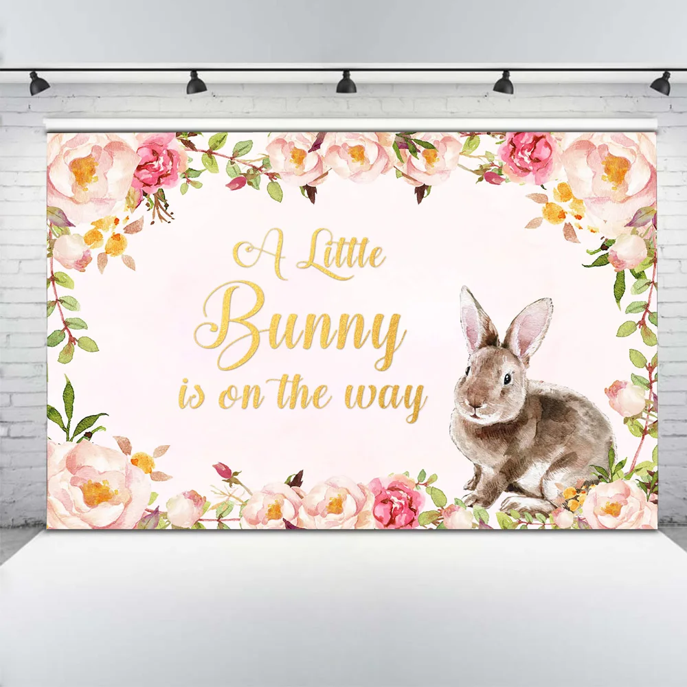 A Little Bunny is on the Way Backdrop Newborn Rabbit Baby Shower Photography Background One Birthday Party Backdrops Flowers