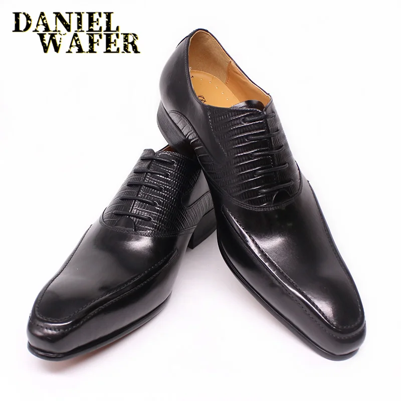 Men's Oxfords Genuine Leather Shoes Handmade Prints Lace Up Pointed Toe Brown Black Men Dress Shoes Wedding Office Formal Shoes