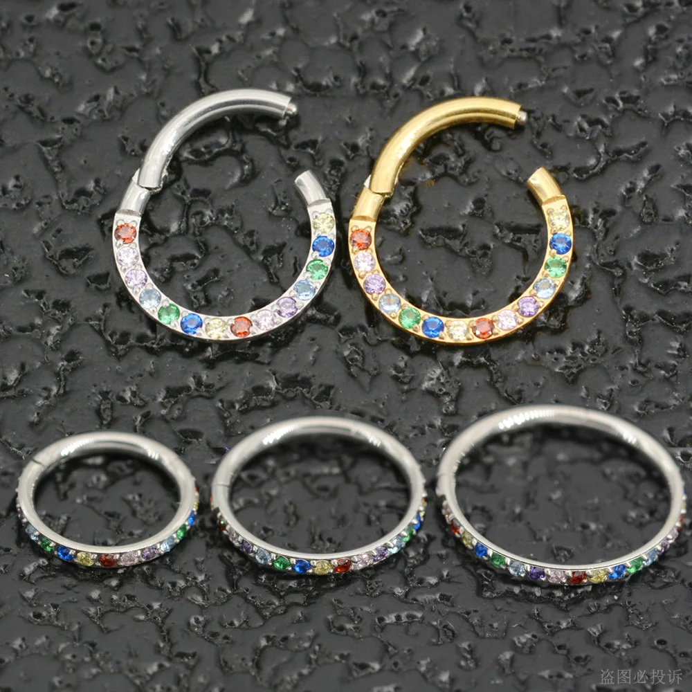 1Pc Rainbow Zircon G23 Titanium Daith Piercing Nose Ring Daith Earring Hoop Hinged Segment Clicker Tragus Helix Piercing Jewelry