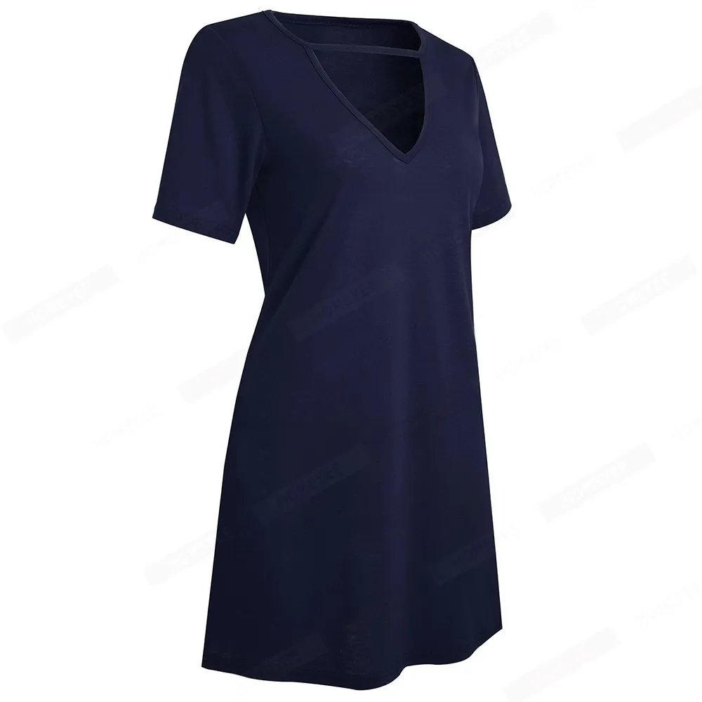 Women Summer Classy Solid Color Hollow Out Casual Holiday Shift T-Shirt Dress EB703