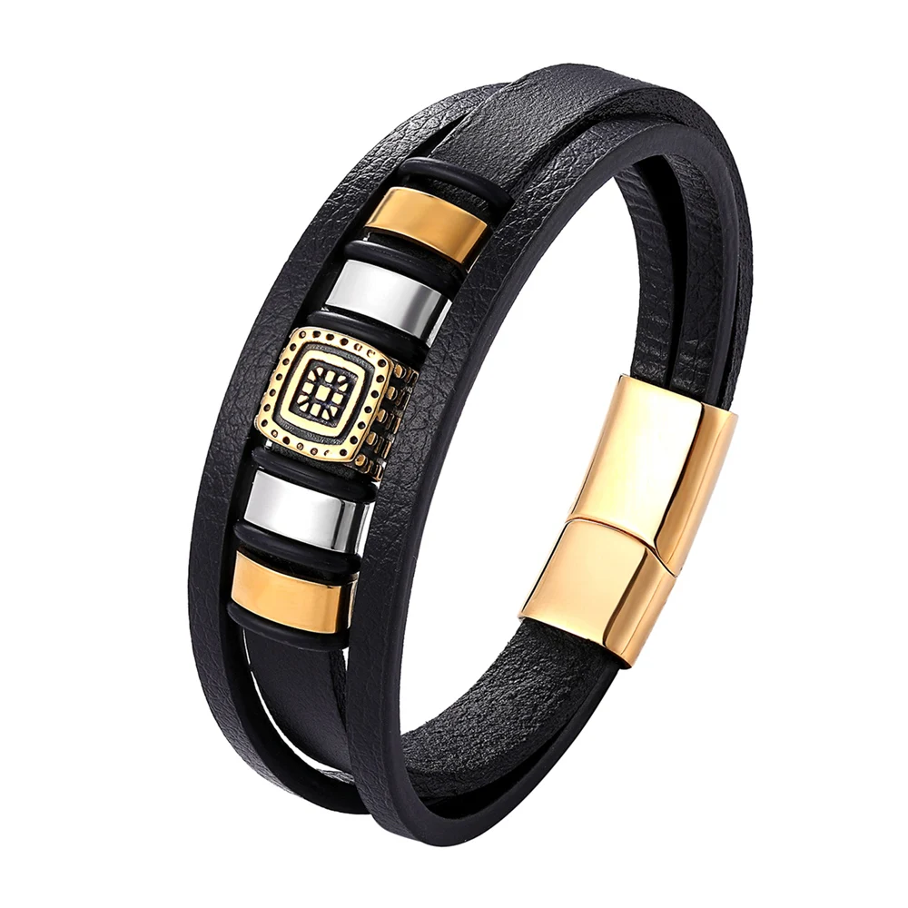 New Fashion Stainless Steel Men Bracelet Magnetic Clasp Braided Mutilayer Leather Bracelet Punk Rock Bangles Man Jewelry Gift