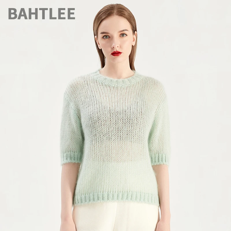 BAHTLEE-Women\'s Half Sleeves Mohair Knitted Pullover, O-Neck Sweater, Soft Loose Style, Wool Jumper, Spring, Summer