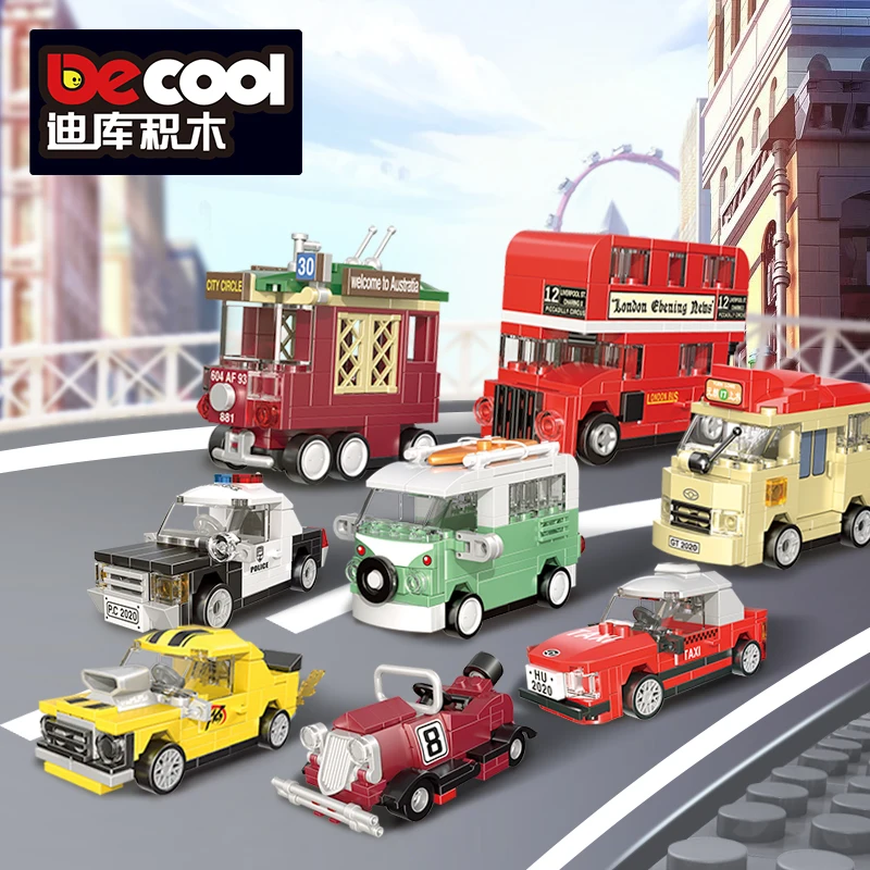 

City Car Pull Back Racing Buses Police Classi BusTaxi Van Model Building Blocks DIY Brick Kids Educational Toy