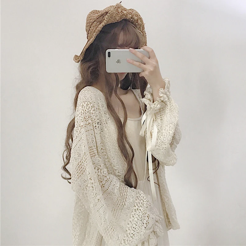 Women Cardigan Loose Lace Hollow Out Long Lantern Sleeve Summer Casual Sun-proof Outwear Girls Sweet Kawaii Korean Style Ulzzang