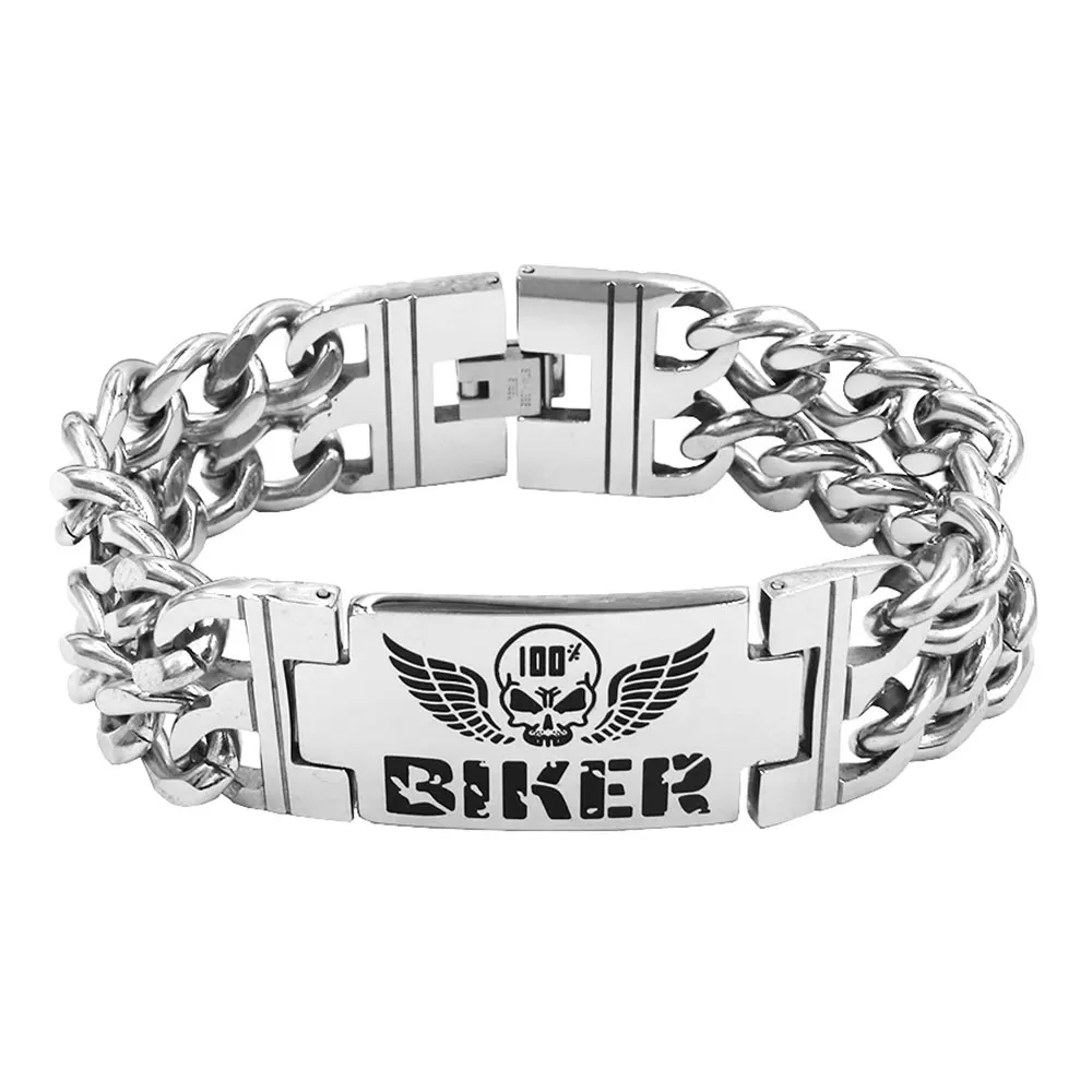 Wings Skull Biker Bracelet Stainless Steel Jewelry Punk Double Chain Charm Bracelet For Men Wholesale SJB0295