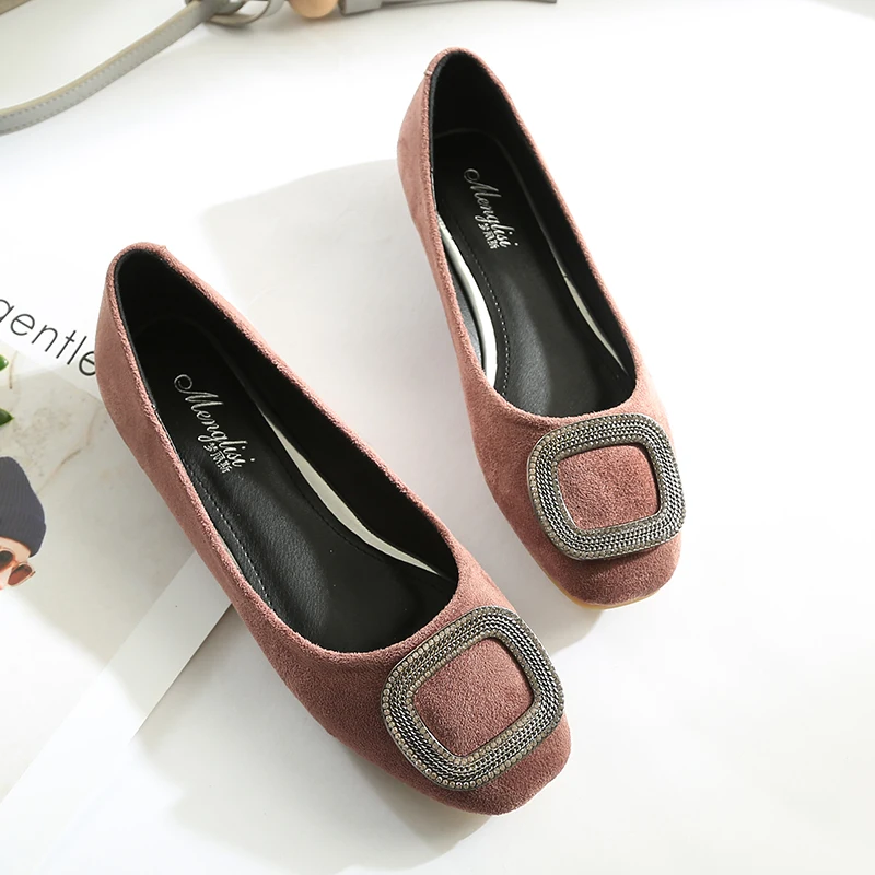 Lady Ballet Flat Shoes Size 31-46 Extra Big Size 44 45 Women Flat Heel Shoes Square Head Flock Leather Metal Decoration Slip On