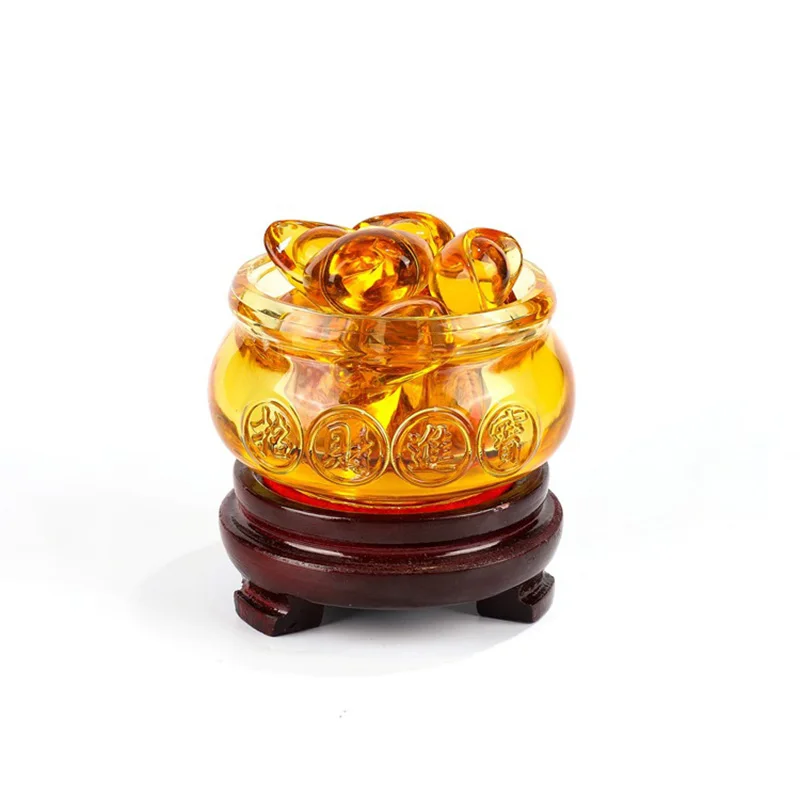 Feng Shui Chinese Crystal Gold Ingots, Yellow Wealth, Cornucopia Treasure Bowl, Statue Decoration