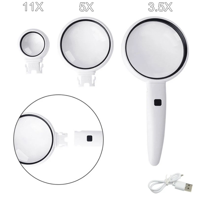 

3.5X 5X 11X Interchangeable 3 Lenses Reading Magnifying Glass Rechargeable Illuminated Handheld Magnifier f Stamp Identification