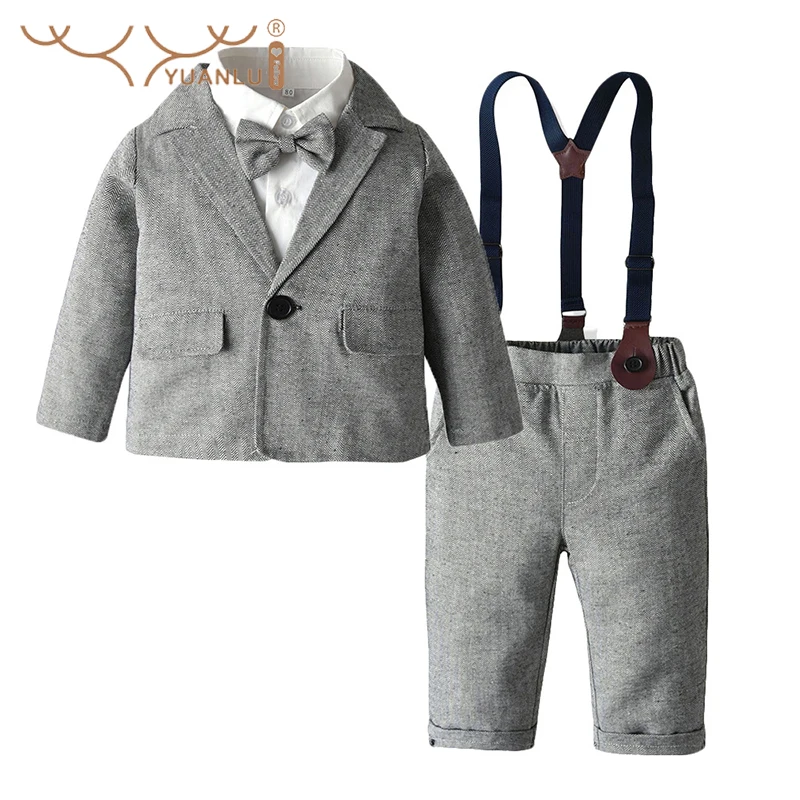 

Spring and Autumn Warm Flower Boys Outfit 4Pcs Blazer Shirts Overalls Bow Tie Wedding Suit for Party Host 2022