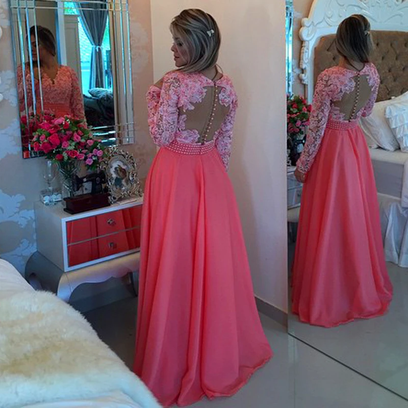 Imagem real bom bonito chiffon maxi rendas manga longa vestido de baile de formatura robe de soiree personalizado mãe dos vestidos de noiva