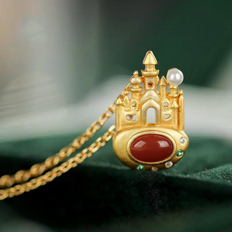 Natural South Red chalcedony Castle synthetic Pearl Pendant Necklace Chinese style antique palace style noble women's jewelry