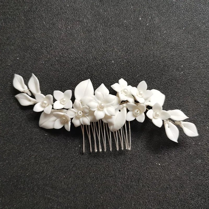 SLBRIDAL Handmade Crystal Rhinestone Pearls Ceramic Flower Bridal Hair Comb Wedding Hair Accessories Bridesmaids Women Jewelry