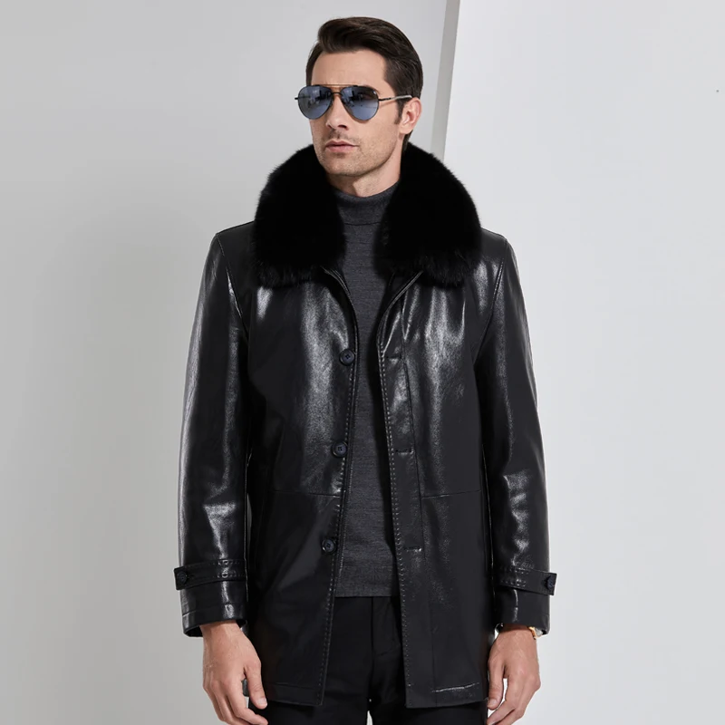 Fox Fur Collar men Faux Leather Jackets Winter rabbit fur inner Coat jaqueta de couro chaqueta PU Leather jacket men