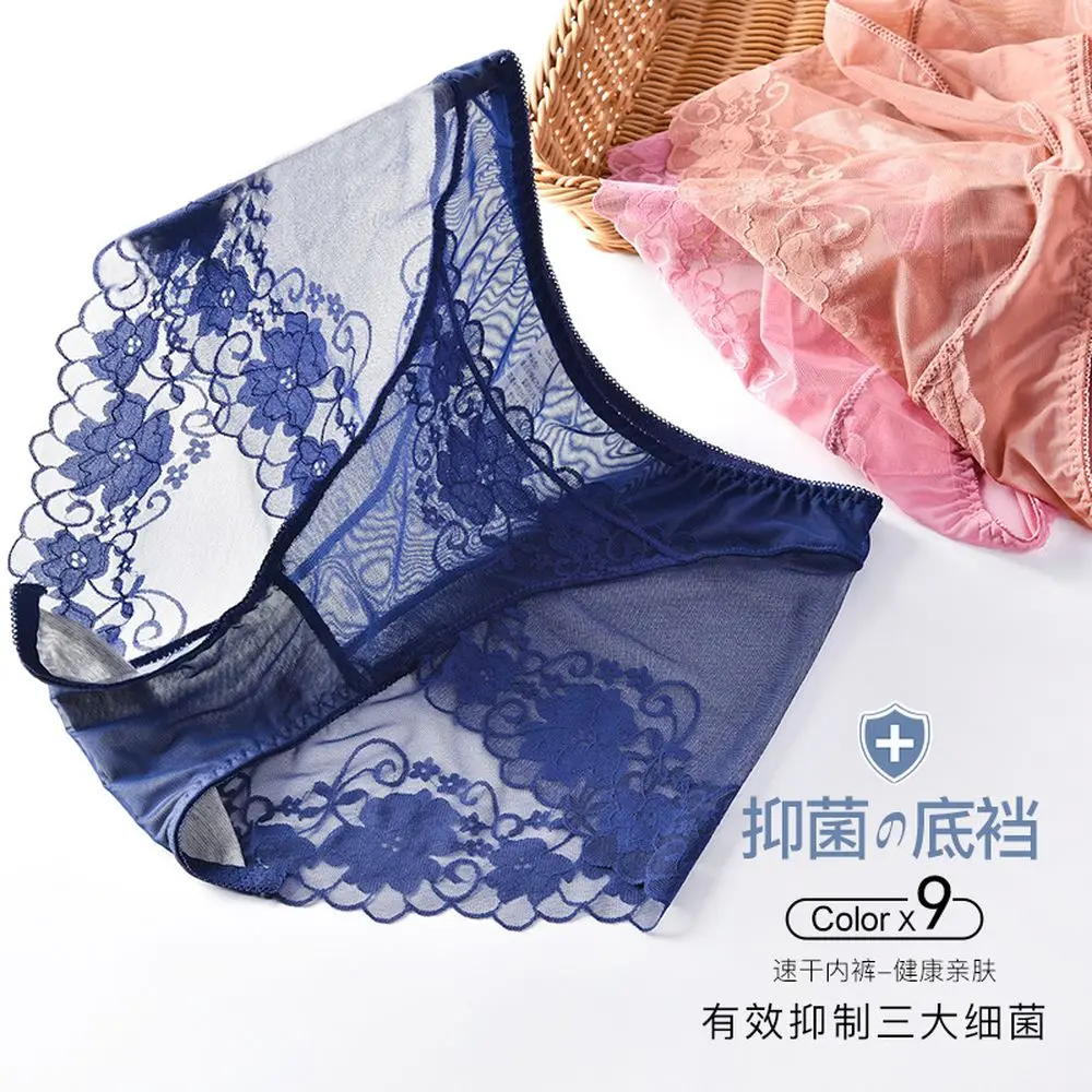 Women Lace Panties Antibacterial Cotton Underwear Female Breathable Plus Size Briefs Sexy Lingeries Thin See-Through Underpants