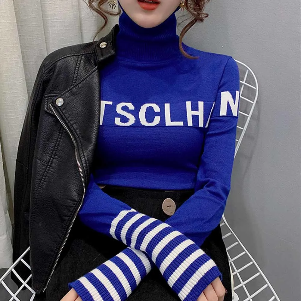 Winter Black White Blue Orange Sweater Women Turtleneck Pullovers Letters Slim Harajuku Casual Turtleneck Sweater Autumn