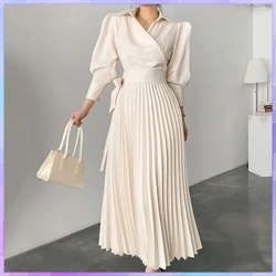 Elegant Women's  Puff Sleeve Pleated Long Dress Turndown Collar Spring Autumn Office Ladeis Black Party Dresses Vestido Платье