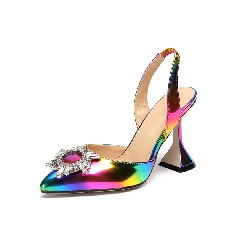 Rainbow Color Women Sandals Pointed Toe Sun Style Rhinestone High Heels Weeding Shoes Spike Heel Slingback Pumps dfv567