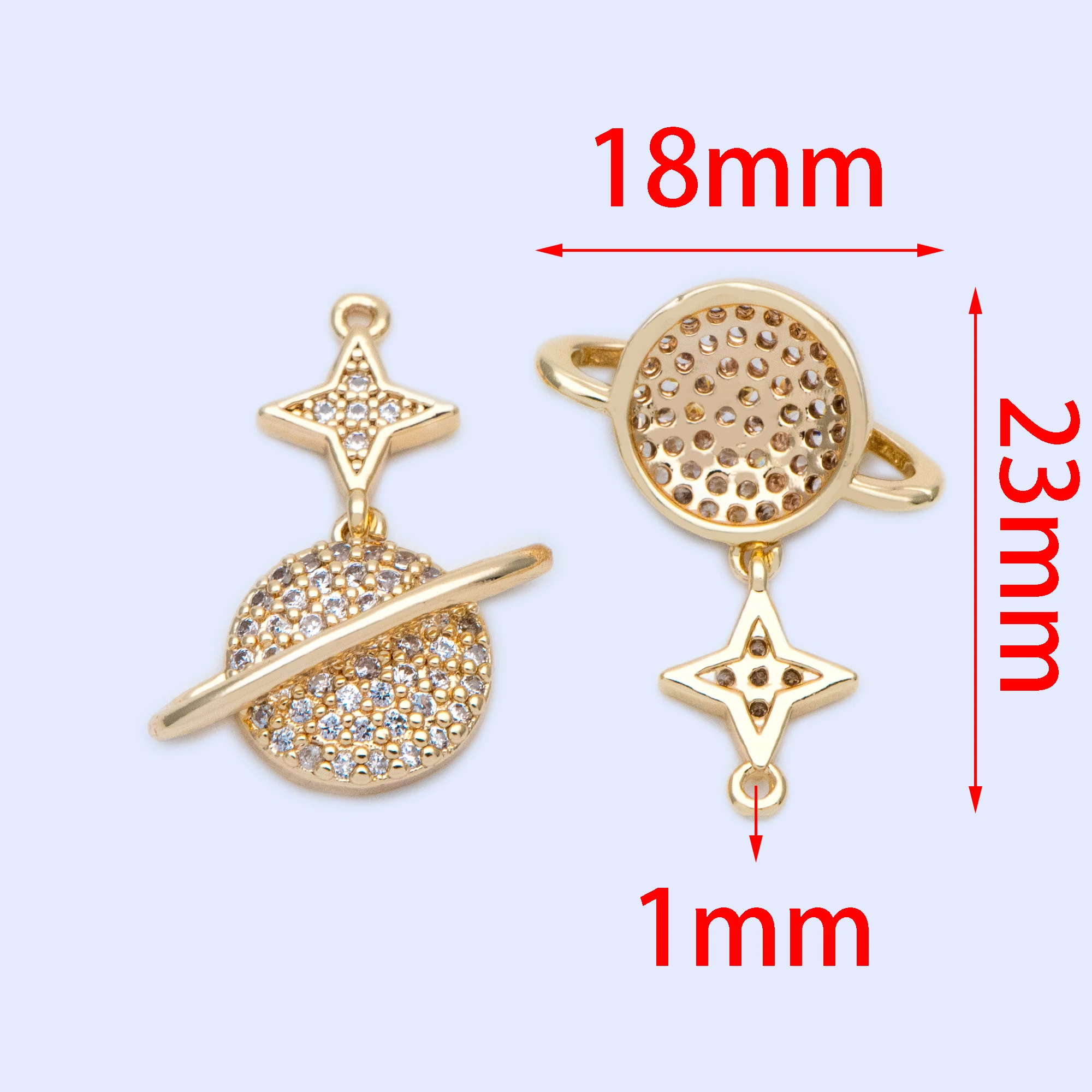 4pcs CZ Paved Star and Saturn Charms 23x18mm, 18K Gold Plated Brass Pendants (GB-1194)