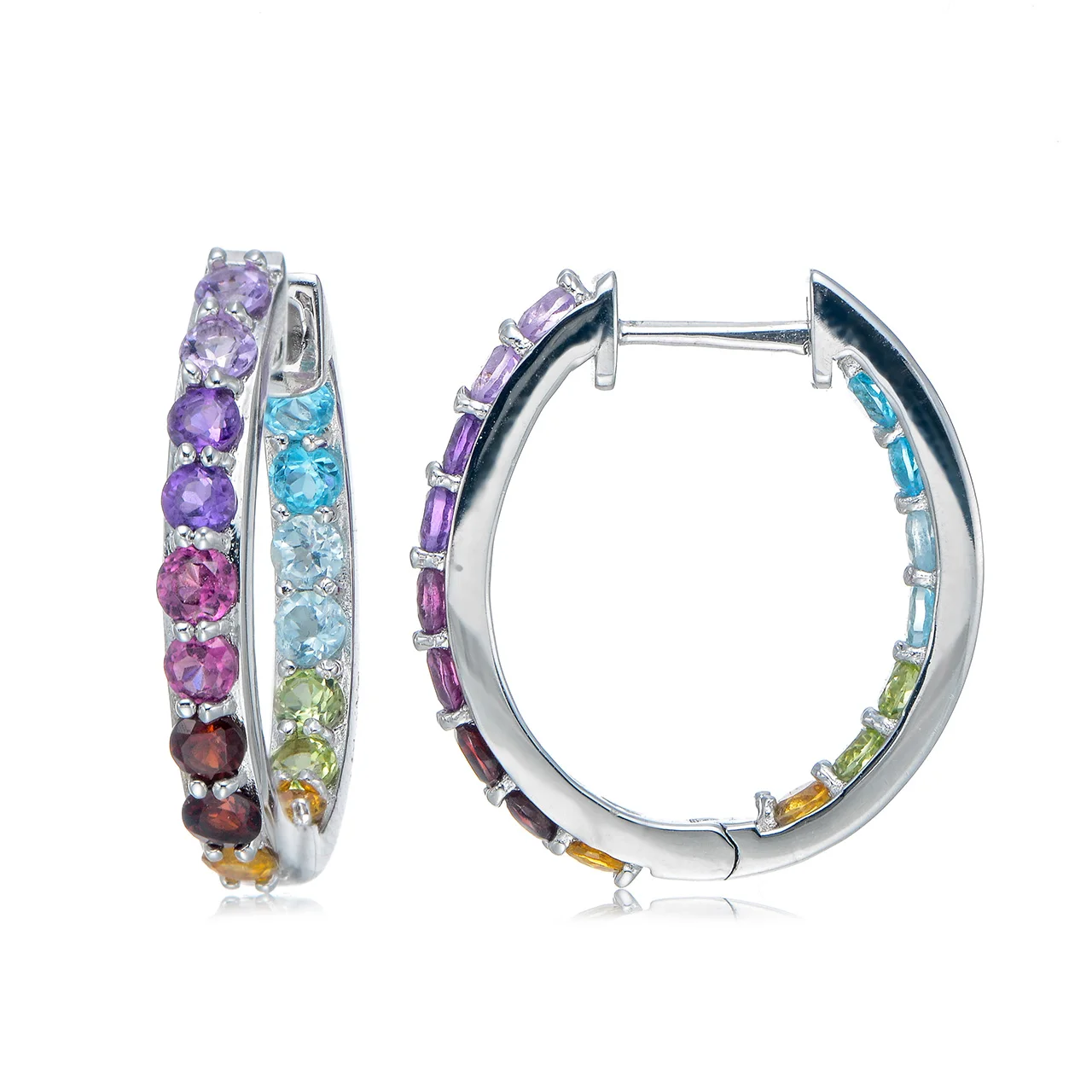 Amethyst,Rhodolite,Garnet,Citrine,Peridot,Topaz Rhodium Over Sterling Silver Hoop Earrings Natural Multi Gemstone For Women