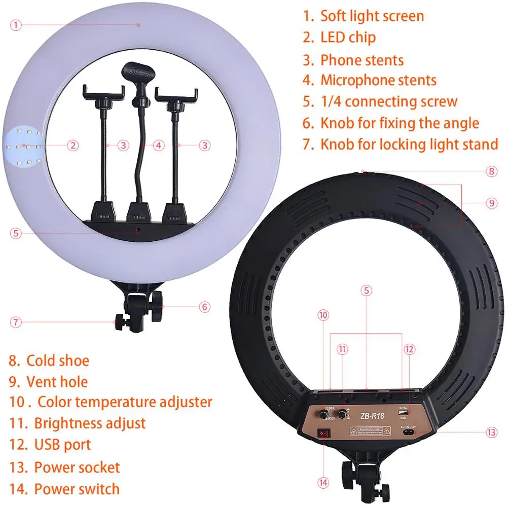 fosoto 18 Inch LED Ring Light Photographic Lighting 3200-5600K Ring Lamp With Tripod Stand For Makeup Camera Phone Video