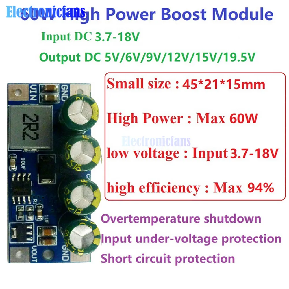 60W DC-DC 3.7V-18V a 5V 6V 9V 12V 15V 19.5V aumenta l\'alimentazione elettrica Molude del convertitore del bordo di spinta per l\'automobile della